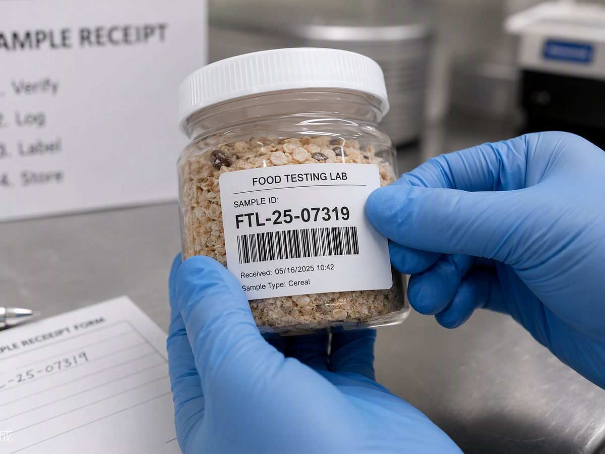 Unique sample identification label being applied to a sample container at Timor Labs
