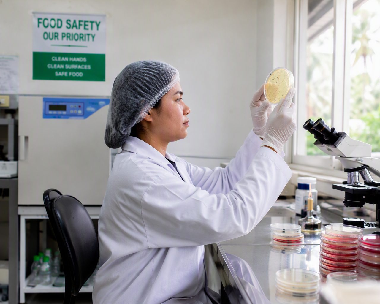 Timor Labs technician in protective equipment performing microbiological bench work